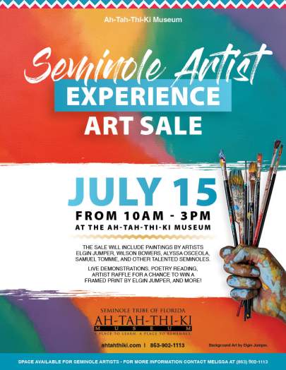 Event flyer for the July 15, 2022 Seminole Experience Art Sale.