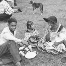(L to R) Storeman Osceola, Rosie Billie, and Mary Osceola Huff eating lunch during a Field Day on the Brighton Reservation.