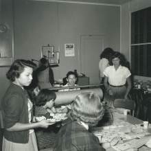  -H meeting on the Brighton Reservation. Identifiable in the photograph areMabel Johns, Lorene Bowers, Lulu Gopher (Mr. Boehmer lists this person as Lulu, which may have been a nickname, but her correct name may be Lola Gopher), and Leah Johns.